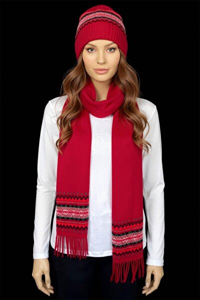 Desen Triko Women's Jacquard Tasseled Wool Kaşkol with Edges, Dark Red