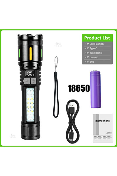 Choice مصباح يدوي LED للتخييم بسعة 1500 مللي أمبير وقوة إضاءة 20000 لومن، قابل لإعادة الشحن عبر منفذ USB ببطارية 18650، إضاءة قوية قابلة للتكبير