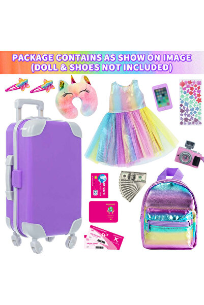 Choice طقم ملابس وإكسسوارات دمية بنفسجية مقاس 18 بوصة، يتضمن حقيبة سفر ووسادة...