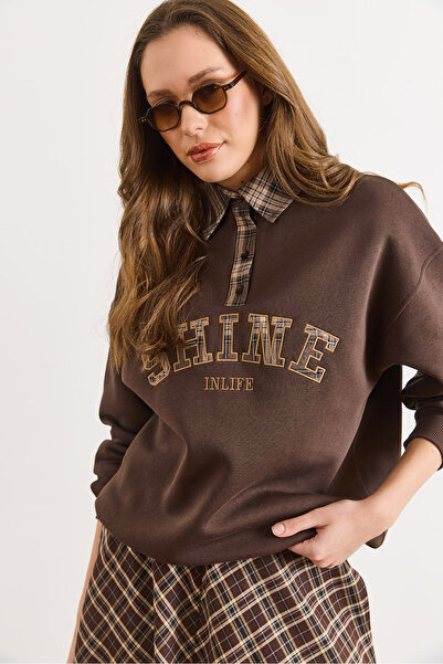 Olalook Women's Brown Plaid Detailed Fleece-Lined Thick Sweatshirt Swt-19000791