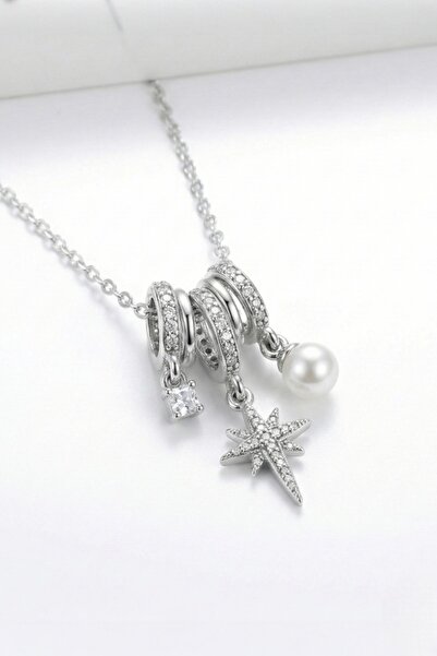 Lorivelle Gümüş Renk Kutup Yıldızı İncili ve Zirkon Taşlı Charm Çelik Kolye -...