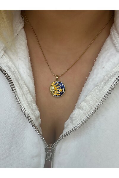 Hicrans Takı AY VE GÜNEŞ MODEL SARI LACİVERT GOŞD ZİNCİRLİ ÇELİK KOLYE