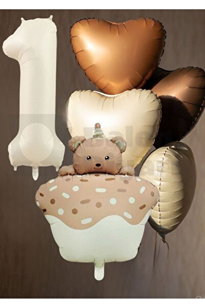 BALON DİYARI Yaş temalı Retro Ayıcık Pastalı 3 adet kalpli Doğum günü balon seti