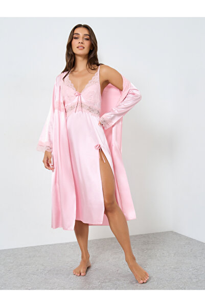 Take Two By Styli Women Solid Lace Satin Split Hem Nightdress and Robe Set