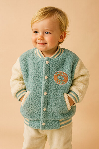 eradkids سترة بيبي بوي من القطيفة باللون الأخضر - مطرزة من ترولي كلوب، قماش صوف ناعم