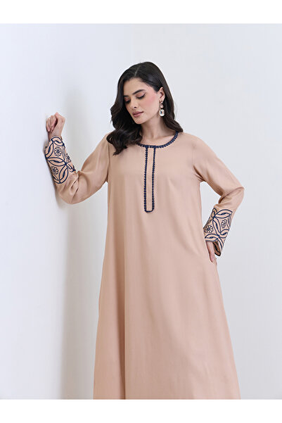 Styli Beige Embroidered A-Line Jalabiya