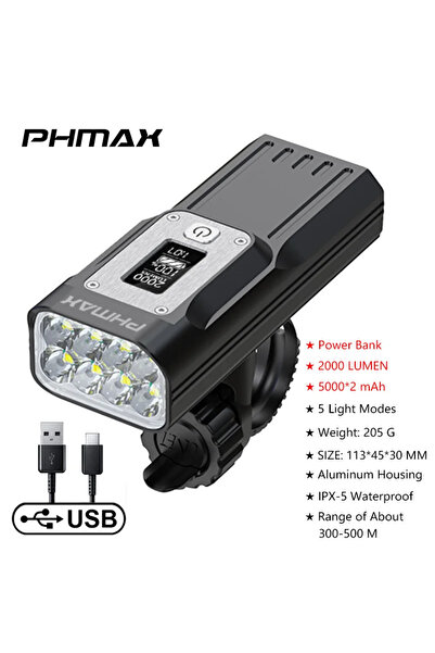 Choice مصباح دراجة QD-3501 PHMAX بقوة 2000 لومن، قابل لإعادة الشحن عبر منفذ U...