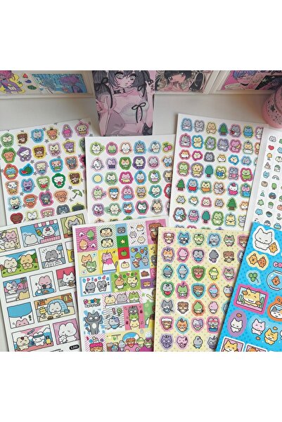 Choice9 9PCS 1/9PCS Korean Cute Graffiti Cat Stickers Kawaii Cartoon Animal S...