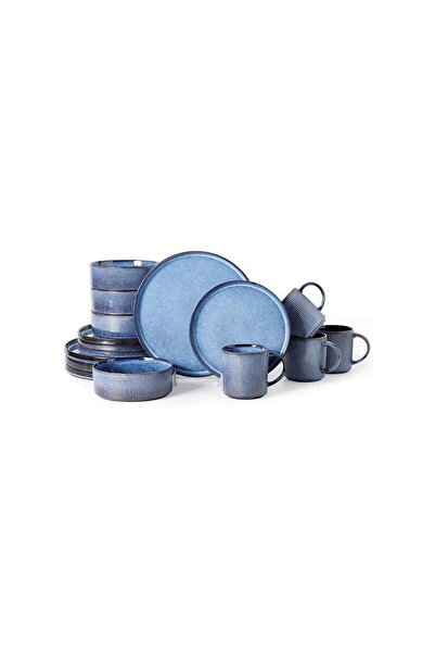 MONITO 16-Piece Blue Stoneware Dinner Set (4x27cm, 4x21.5cm, 4x16.5cm, 4x16oz)