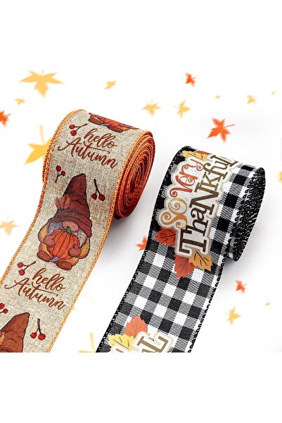 Choice شريطان من الخيش بنقشة مربعات سوداء وبيضاء، مقاس 2.52 بوصة × 5 ياردات، بحواف سلكية، بنقشة غنوم، مع أوراق الخريف.