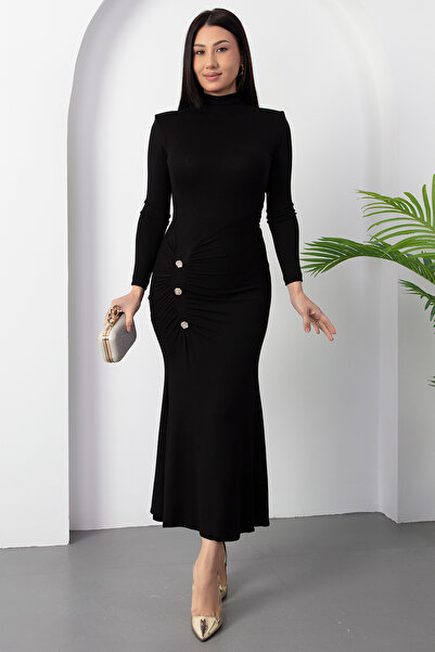 PULLIMM Mock Neck Button-Down Long Sleeve Buzzy Dress Ny3083