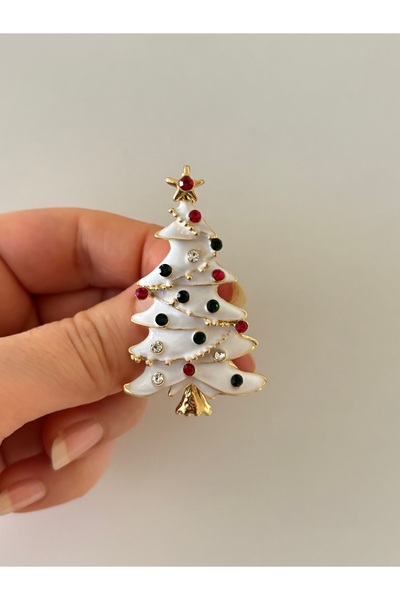Ceyms Aksesuar Yeni Yıl Temalı Taşlı Beyaz Ağaç Broş