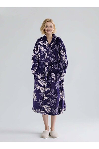 Noon East All Flower Print Flannel Bathrobe - 250 Gsm 100% Polyester - Blue, XL