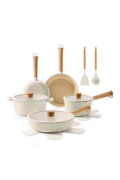 Sensarte 14-Piece Ceramic Cookware Set with Wooden Handles, Cream White