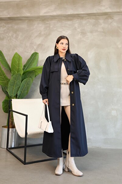 QUBERZ Plus Size Balloon Sleeve Resort Collar Belted Long Trench Coat