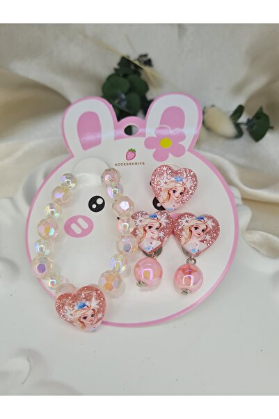 ZEYM COLLECTION Prenses Figürlü Pembe Kalp Detaylı Boncuk Bileklik Küpe Çocuk...