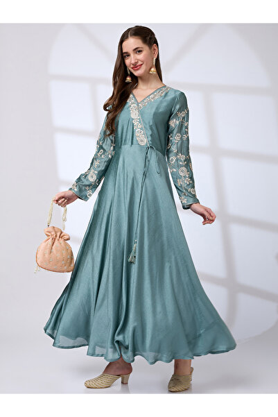 Globus By Styli Sequin Embroidered Detail Tassel Waist Festive Maxi Dress