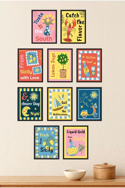 UNT Set de 10 picturi decorative cu tematică siciliană pentru decorarea peret...