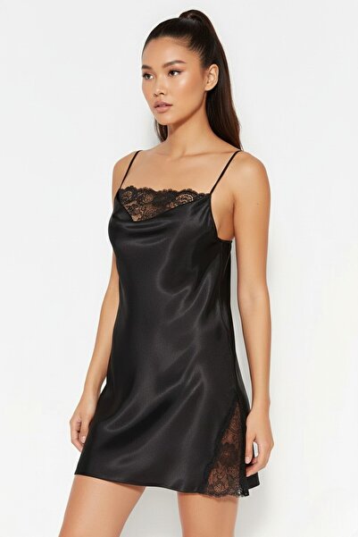 Laperissa Satin Woven Black Lace Detachable Collar Nightgown