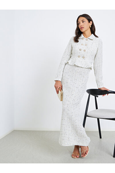 Styli فستان ماكسي أبيض من التويد بصفين من الأزرار