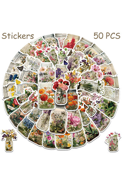 Choice ٥٠ قطعة من ملصقات برطمانات الزهور ذات الطابع الكلاسيكي، مناسبة للهواتف المحمولة، وأجهزة الكمبيوتر المحمولة، والثلاجات، ومشاريع الأعمال اليدوية الجمالية.
