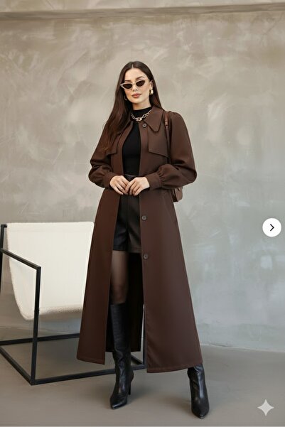 QUBERZ Plus Size Balloon Sleeve Resort Collar Belted Long Trench Coat