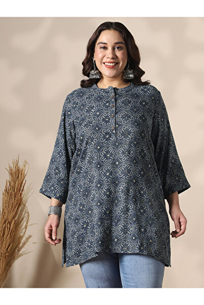 Globus By Styli Plus Size Blue Printed Tunic Top with 3/4 Sleeves