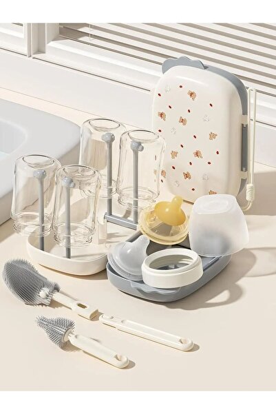 Choice فرشاة تنظيف زجاجات الأطفال المحمولة البيضاء 6 في 1 مع رف تجفيف، مثالية للسفر.