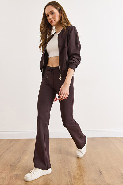 Olalook Women's Bitter Brown Cotton Zippered Jacket Spanish Pants Bottom Top Set Tkm-19000469