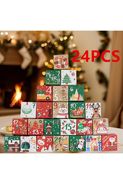 Miniso صندوق تقويم عيد الميلاد، 7×7×7 سم، 24 قطعة، صندوق حلوى من ورق كرافت، عد تنازلي لمدة 24 يومًا حتى عيد الميلاد