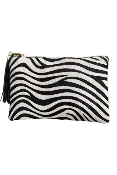 OEM White zebra print animal clutch bag with fur