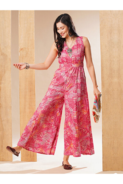 Globus By Styli Women Printed Wrap V Neck Wide Leg Jumpsuit