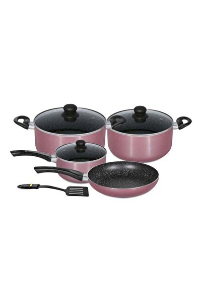 ROYALFORD 8Pc Aluminium Cookware Set with Granite Non-Stick Coating - Pink