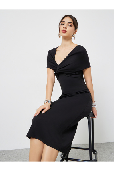 Styli Black Twist-Front Sheath Midi Dress