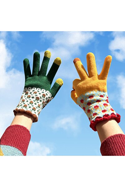 Choice قفازات بلون بطة الماندرين ونقشة عباد الشمس، دافئة وجذابة في الشتاء بفض...