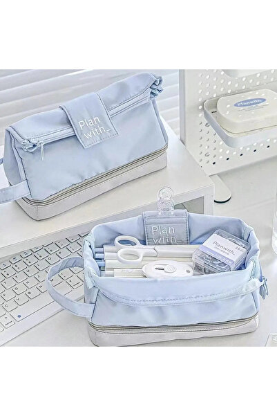 Choice مقلمة زرقاء بسيطة ذات طبقتين، حقيبة أقلام قابلة للطي، سعة كبيرة، أدوات مكتبية، العودة إلى المدرسة