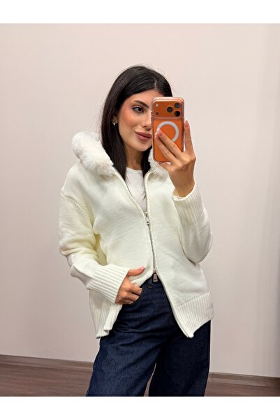 LOISY Women's Fur Detailed Hooded Cardigan