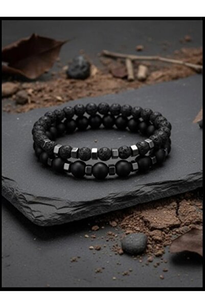 Alnis Atelier Lava Stone and Onyx Natural Stone 2-Piece Men's Bracelet |   Re...