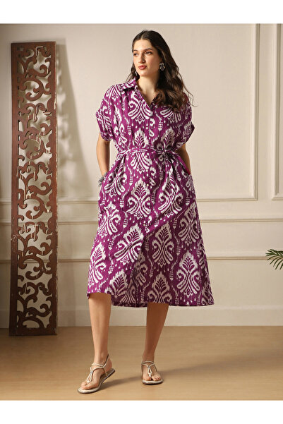 Globus By Styli Ethnic Print Collared Neck Belted Shirt Style Midi Dress