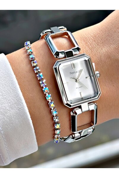 Ferrucci KARE GÜMÜŞ METAL KADIN KOL SAATİ