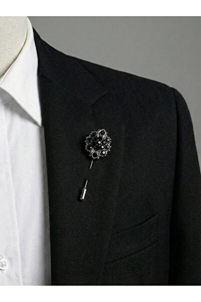 Le Voux Antrasit Gri Renginde Siyah Taş Detaylı Ceket Yaka İğnesi Broş