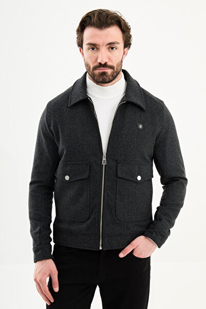 Mcr Patterned Slim Fit Shirt Collar Zipper Pocket Men's Coat Black - 39653.25K