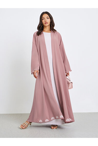 Styli Women Pink Embroidered Printed Hem Abaya