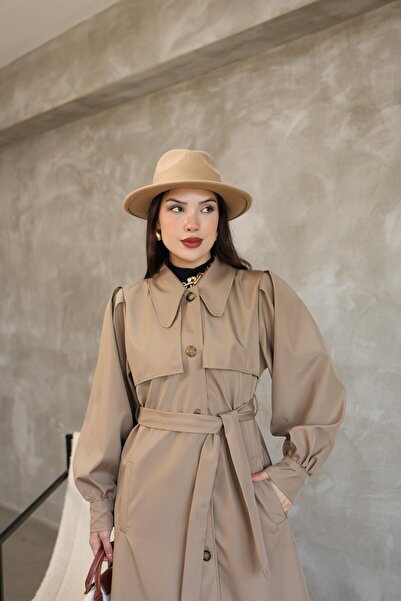 QUBERZ Plus Size Balloon Sleeve Resort Collar Belted Long Trench Coat