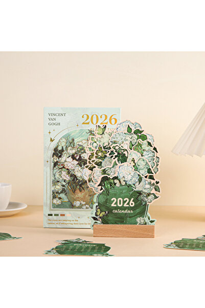 Choice تقويم مكتبي لعام ٢٠٢٦ بتصميم عتيق مستوحى من لوحة فنية، مع قاعدة خشبية، يتضمن بطاقات قابلة للإضافة.