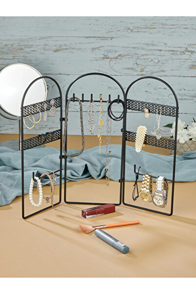 Tasarım Evi صندوق منظم المجوهرات الأسود الفاخر حامل المجوهرات المزخرف 3 قطع ح...