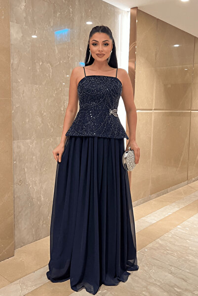 giyimmasalı Top Beaded Fabric Bottom Chiffon Designer Dress - Dark Blue