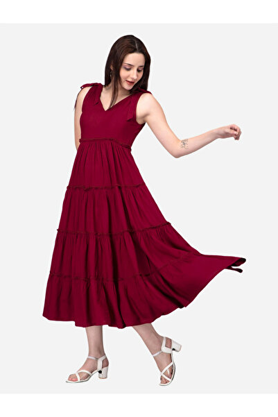 KASYA By Styli فستان ميدي بطبقات من الفسكوز بلون خمري، بأشرطة.