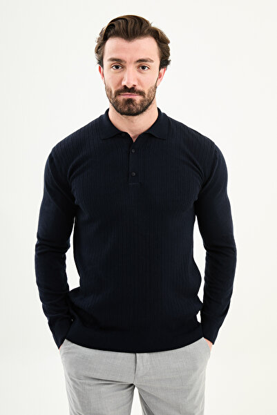 Mcr Corded Fabric Slim Fit Polo Neck Men's Knitwear Sweater Navy Blue - 11573.25K