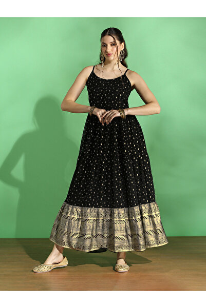 Globus By Styli Strappy Foil Ethnic Motif Festive Maxi Dress